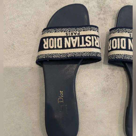 Dior Dway Slide Sandal Deep Blue Embroidered Cotton Logo open toe size 39 - Picture 8 of 13